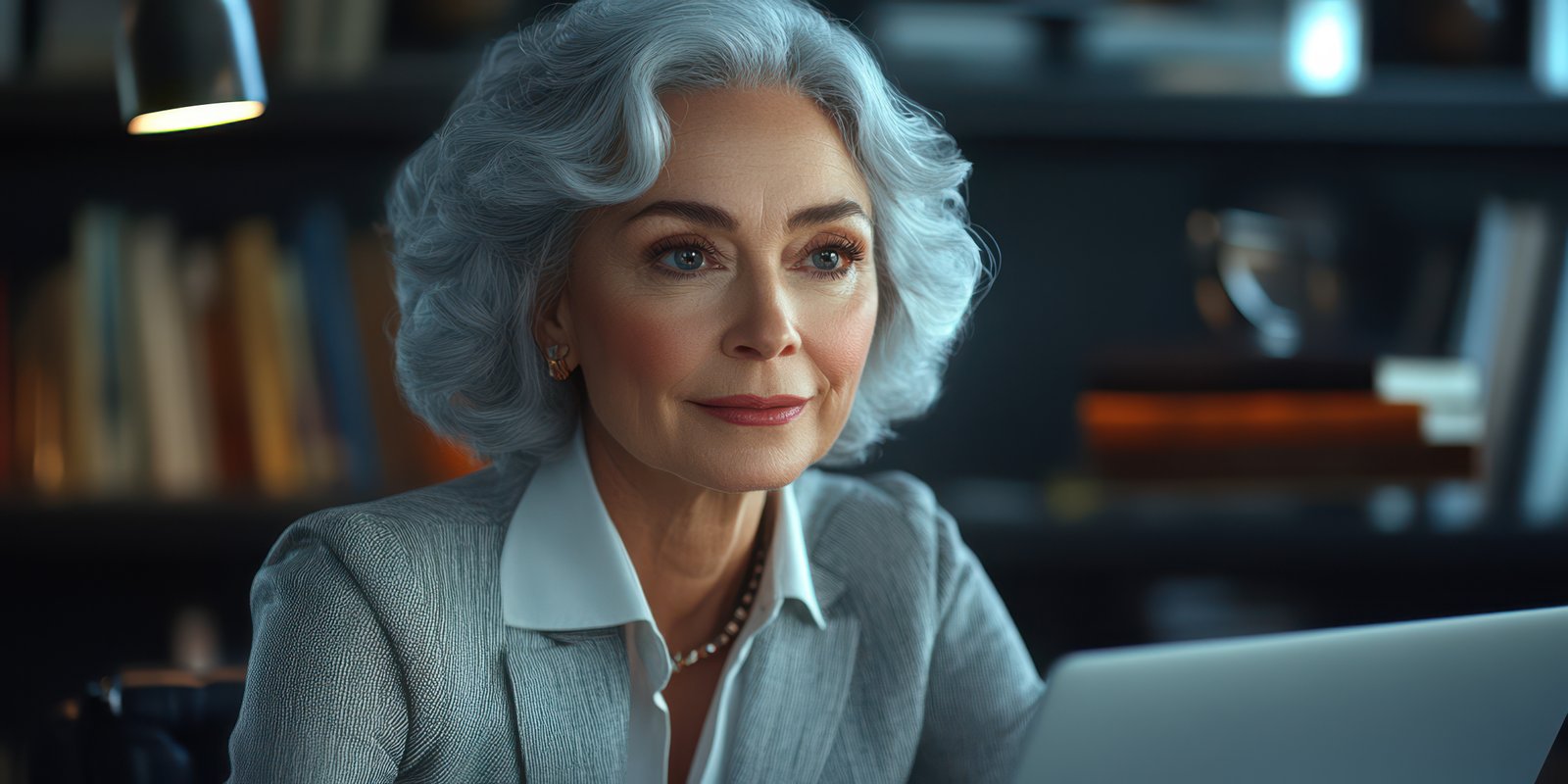 Businesswoman working at desk in modern office with bookshelves and laptop